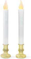 LED White Taper Candles with Gold Holders Pack of 2 with 5/19 Timer, Elegant Flameless Glow for Home Décor, Batteries Included