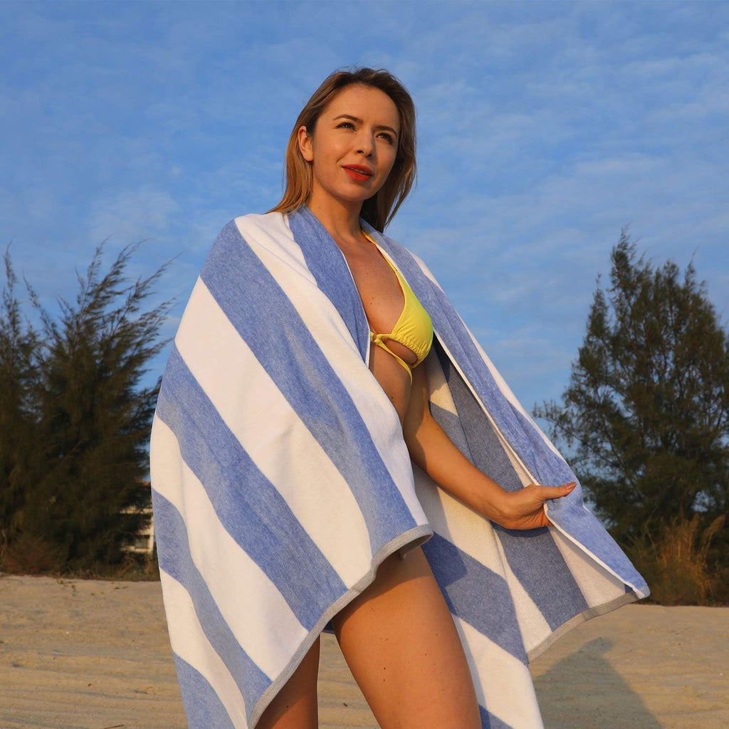 Cotton Oversized Beach Towel - Large 70 X 35 Inch Pool Towel, Blue Striped Quick Dry Swimming Cabana Towel