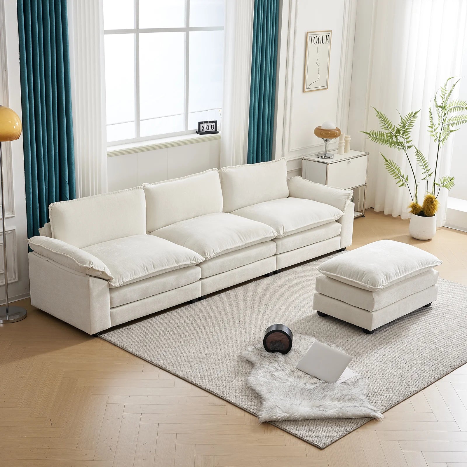 120" W Sectional Sofa L Shaped Couch with Chaise Living Room Sleeper Set, 3 Seats with Chenille and Double Layer Cushions Beige
