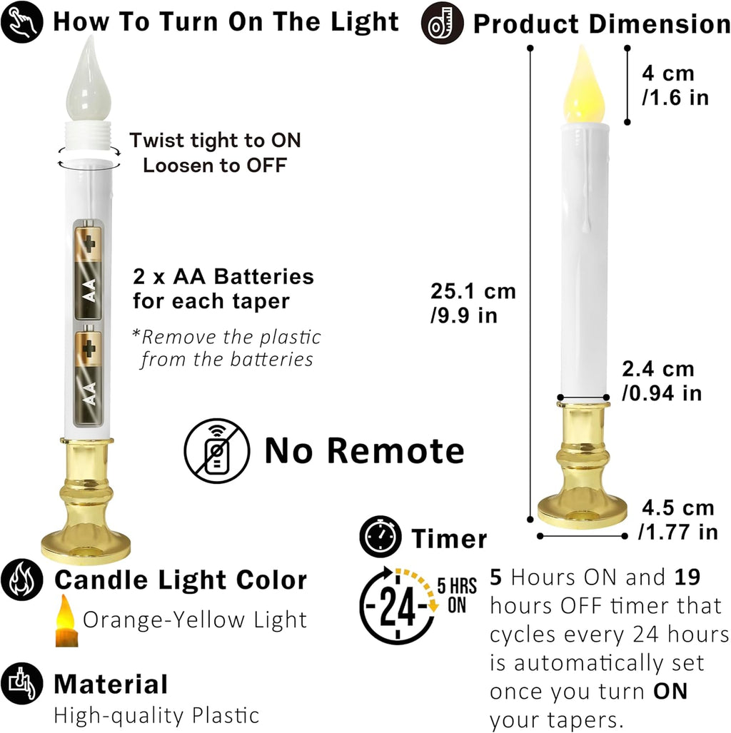 LED White Taper Candles with Gold Holders Pack of 2 with 5/19 Timer, Elegant Flameless Glow for Home Décor, Batteries Included