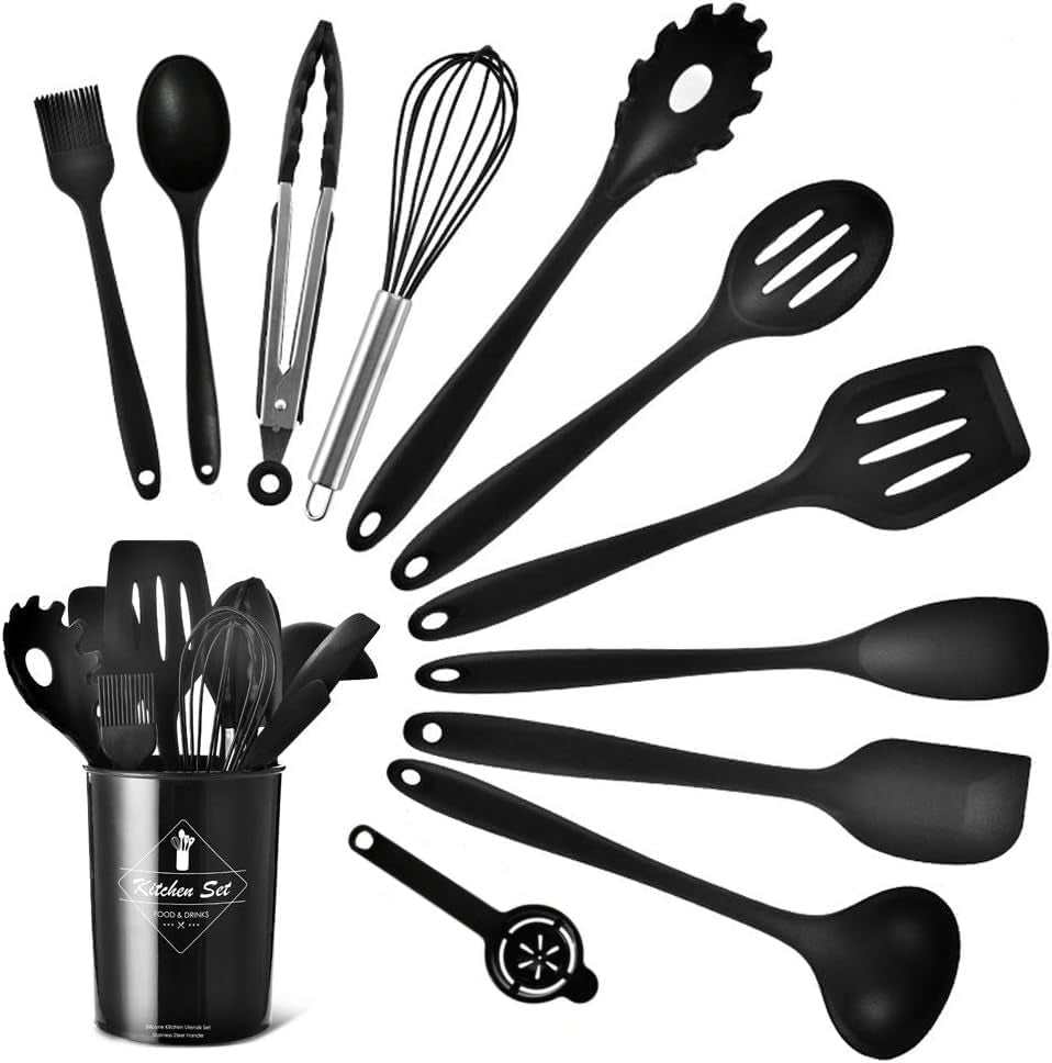 Silicone Kitchen Utensil Set, Heat-Resistant Non-Stick Silicone Cooking Gadgets Tools (Black Holder)