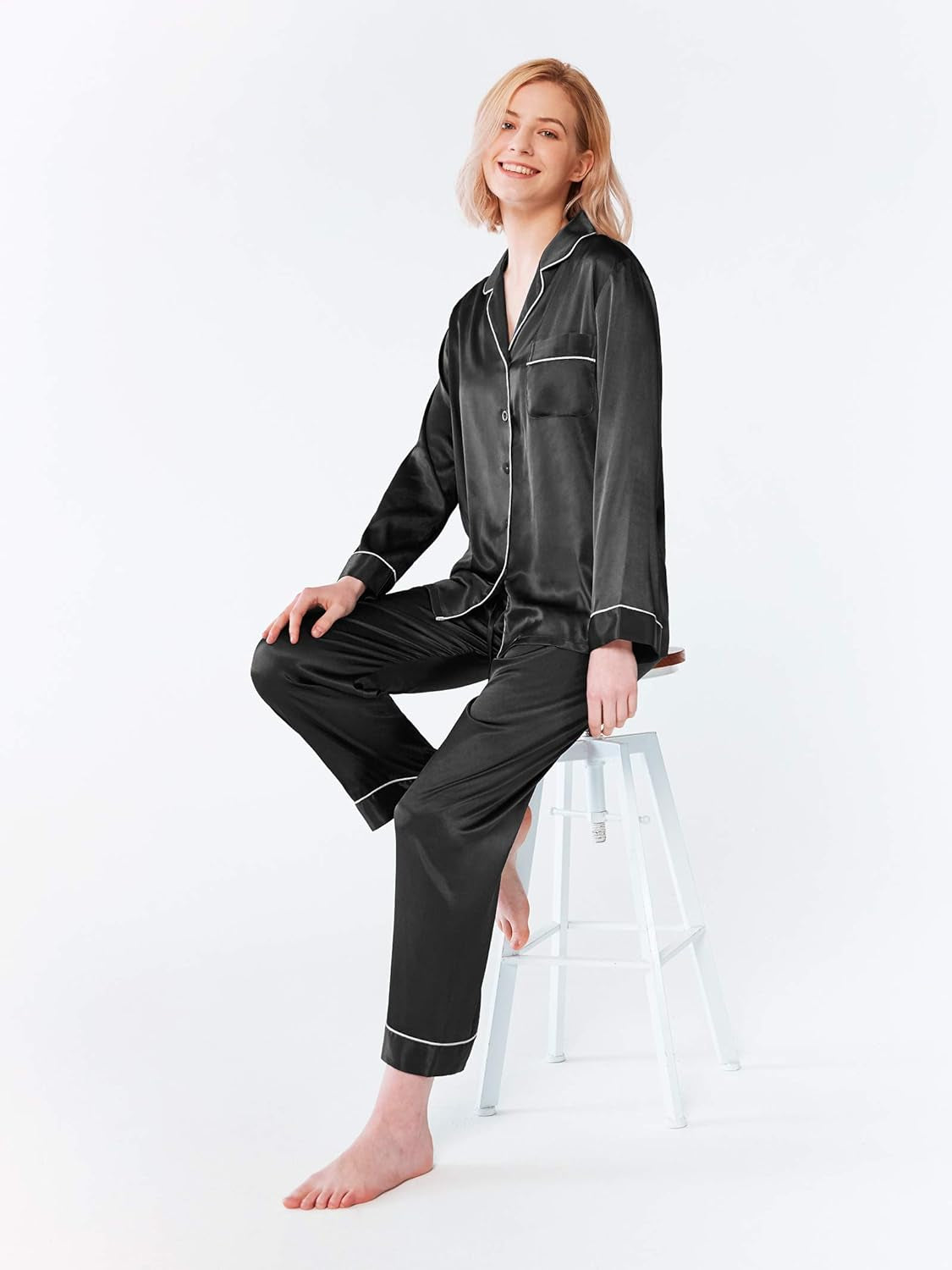 Silk Satin Pajamas Set for Women Long Sleeve Sleepwear Pj Set Button down 2 Piece Soft Loungewear S-XL