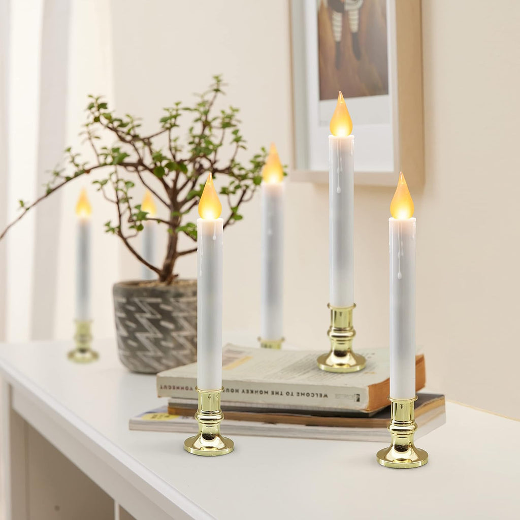 LED White Taper Candles with Gold Holders Pack of 2 with 5/19 Timer, Elegant Flameless Glow for Home Décor, Batteries Included